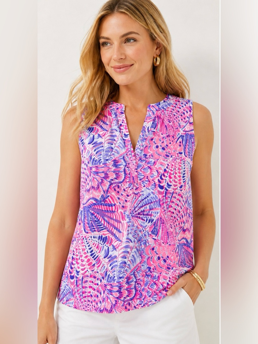 Lilly Pulitzer Pink & Purple Sleeveless Split-Neck Blouse
